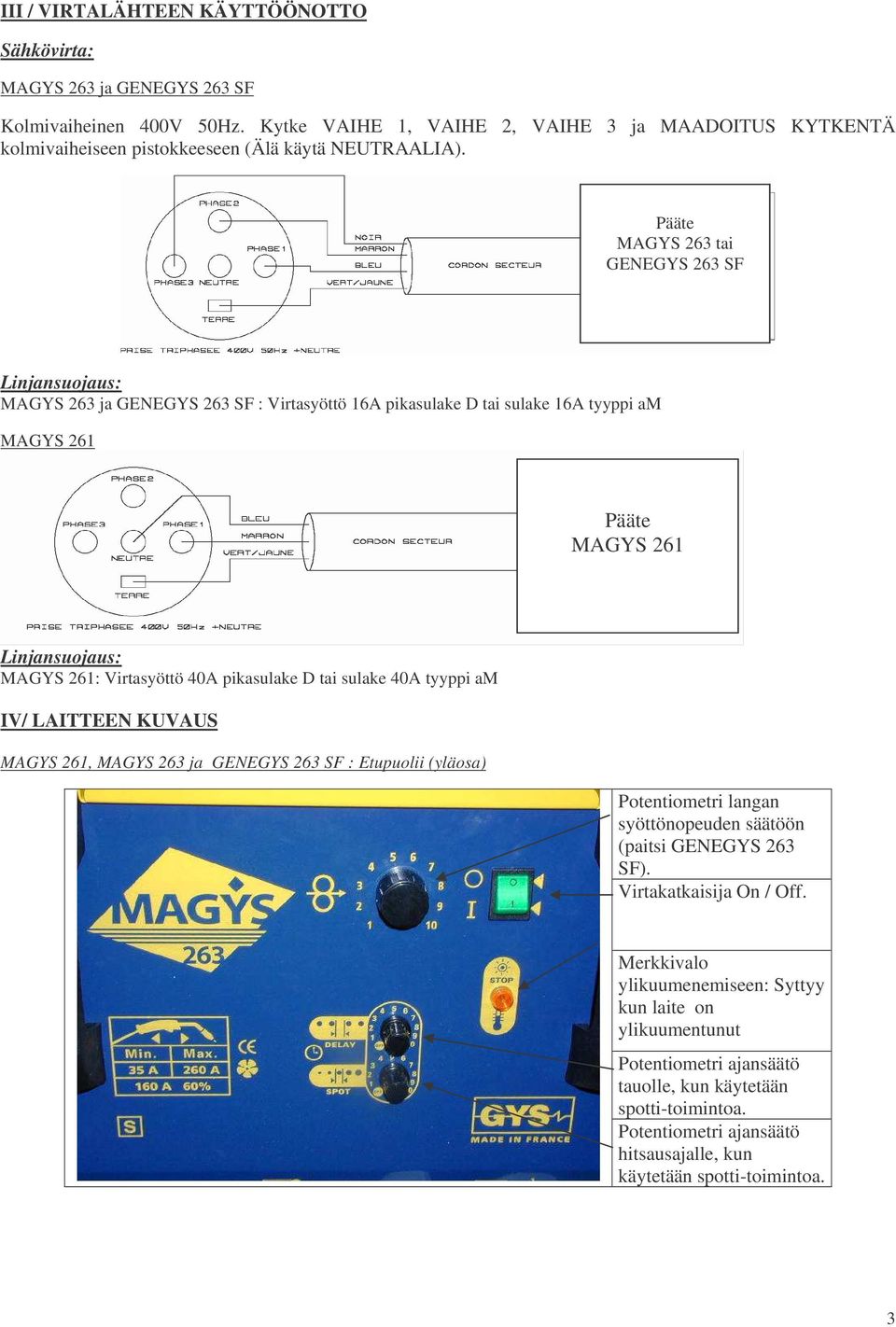 Pääte MAGYS 263 tai GENEGYS 263 SF Linjansuojaus: MAGYS 263 ja GENEGYS 263 SF : Virtasyöttö 16A pikasulake D tai sulake 16A tyyppi am MAGYS 261 Pääte MAGYS 261 Linjansuojaus: MAGYS 261: Virtasyöttö