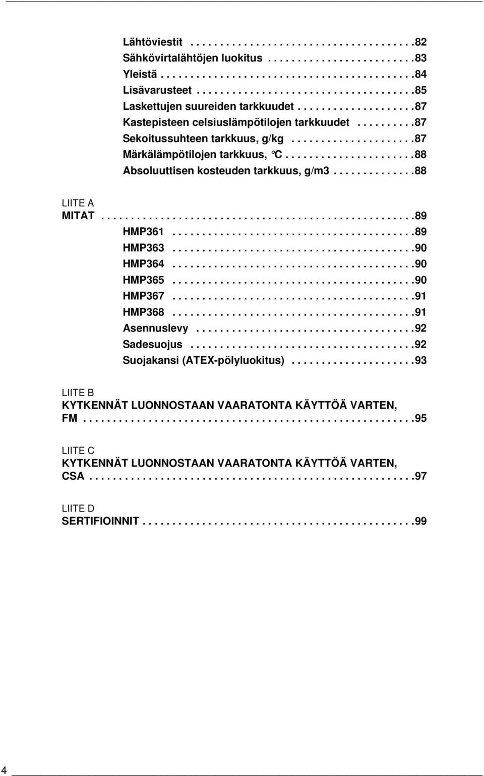 ....................87 Märkälämpötilojen tarkkuus, C......................88 Absoluuttisen kosteuden tarkkuus, g/m3..............88 LIITE A MITAT.....................................................89 HMP361.