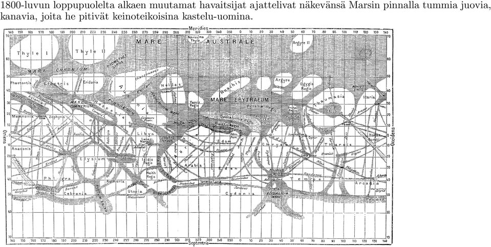 Marsin pinnalla tummia juovia, kanavia,