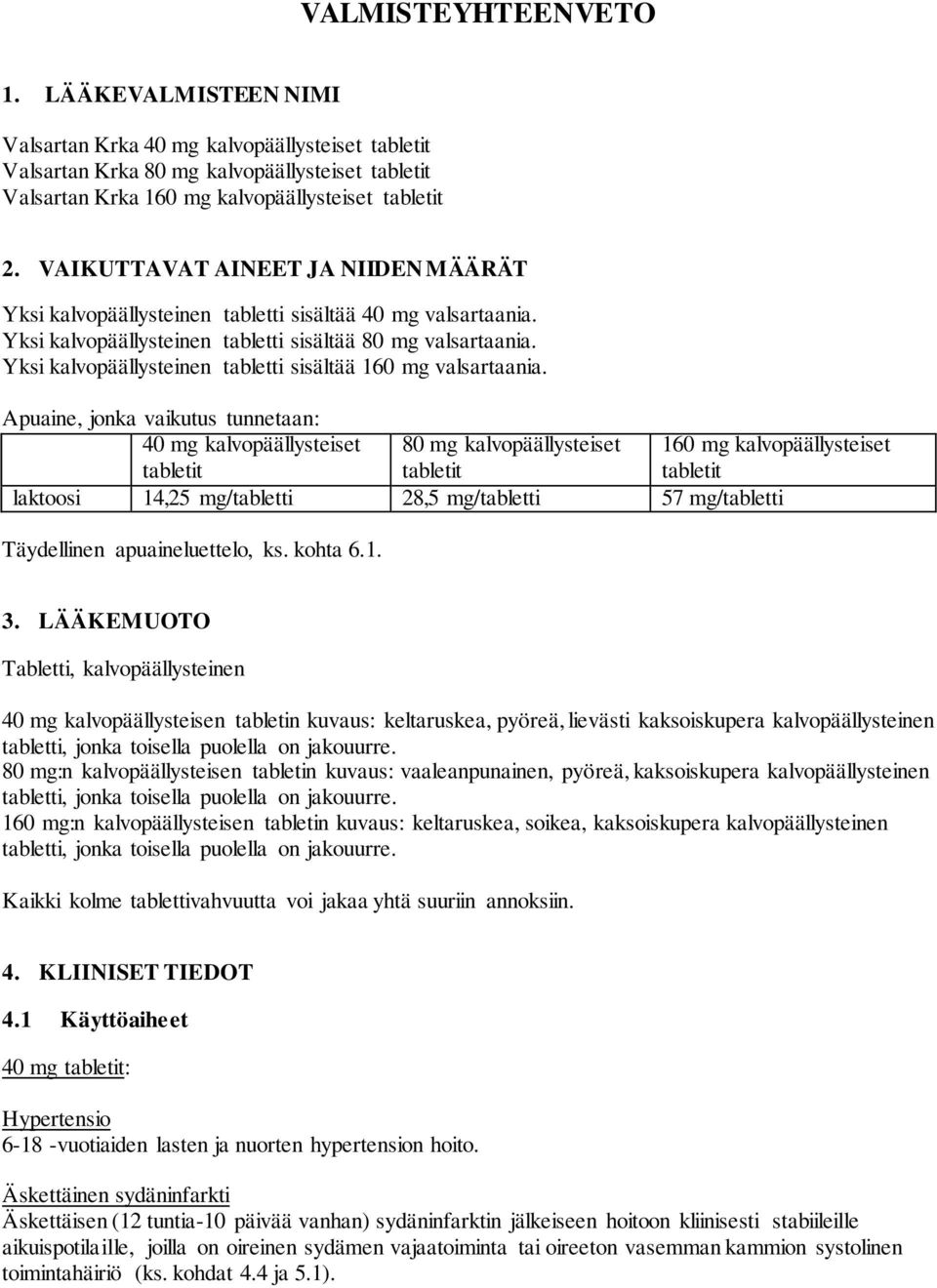 Yksi kalvopäällysteinen tabletti sisältää 160 mg valsartaania.