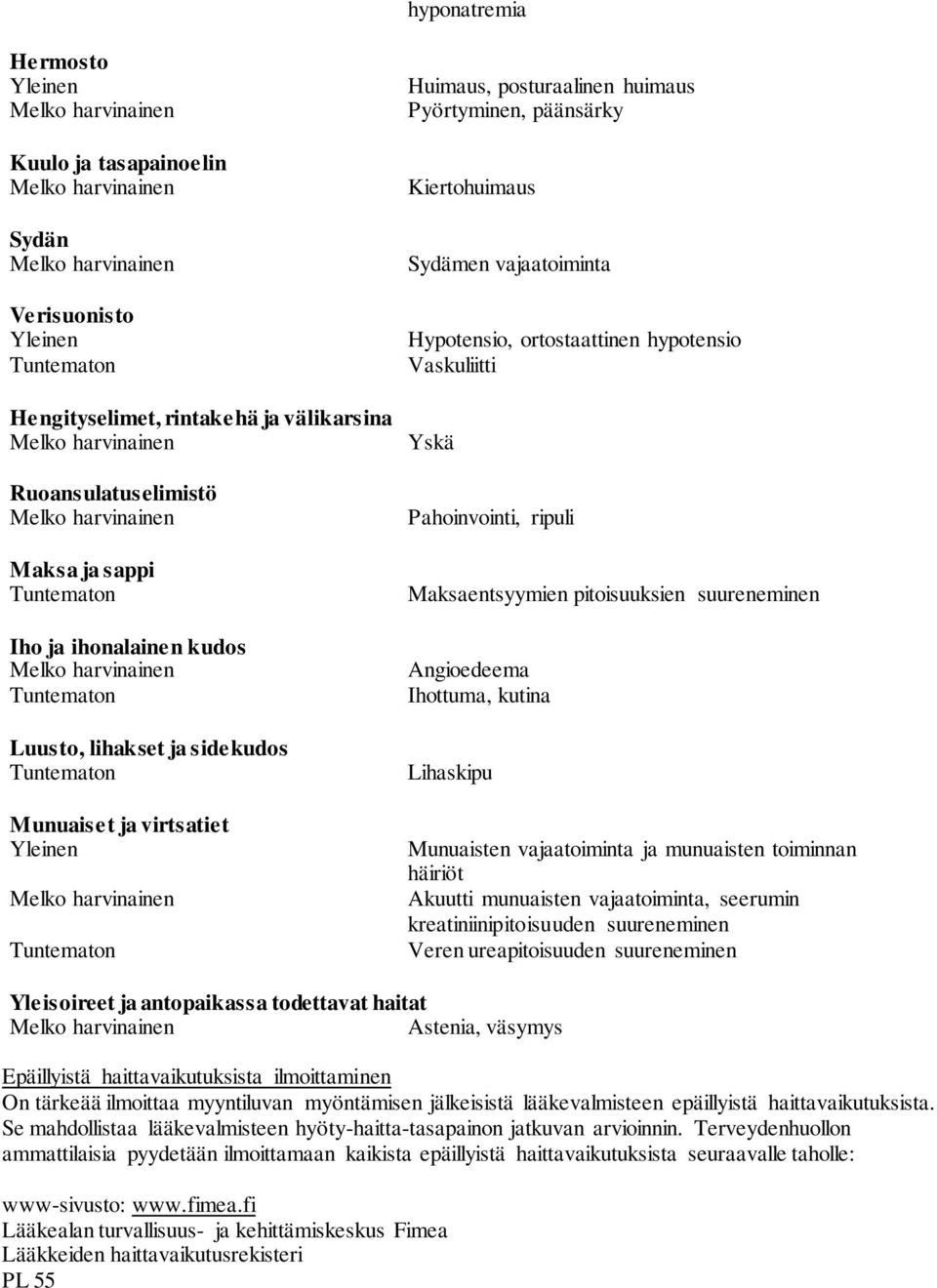 Pahoinvointi, ripuli Maksaentsyymien pitoisuuksien suureneminen Angioedeema Ihottuma, kutina Lihaskipu Munuaisten vajaatoiminta ja munuaisten toiminnan häiriöt Akuutti munuaisten vajaatoiminta,