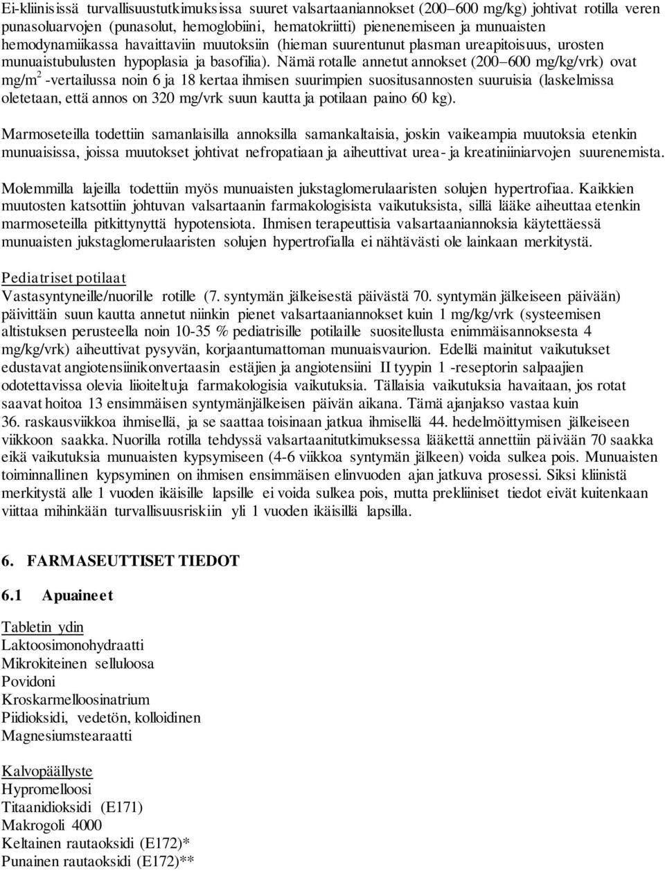 Nämä rotalle annetut annokset (200 600 mg/kg/vrk) ovat mg/m 2 -vertailussa noin 6 ja 18 kertaa ihmisen suurimpien suositusannosten suuruisia (laskelmissa oletetaan, että annos on 320 mg/vrk suun