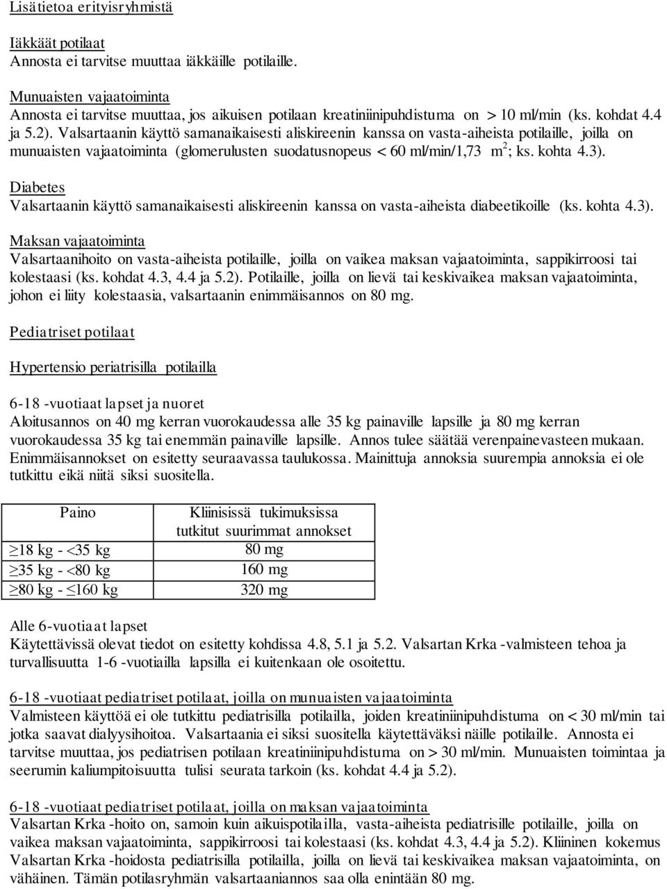 Valsartaanin käyttö samanaikaisesti aliskireenin kanssa on vasta-aiheista potilaille, joilla on munuaisten vajaatoiminta (glomerulusten suodatusnopeus < 60 ml/min/1,73 m 2 ; ks. kohta 4.3).