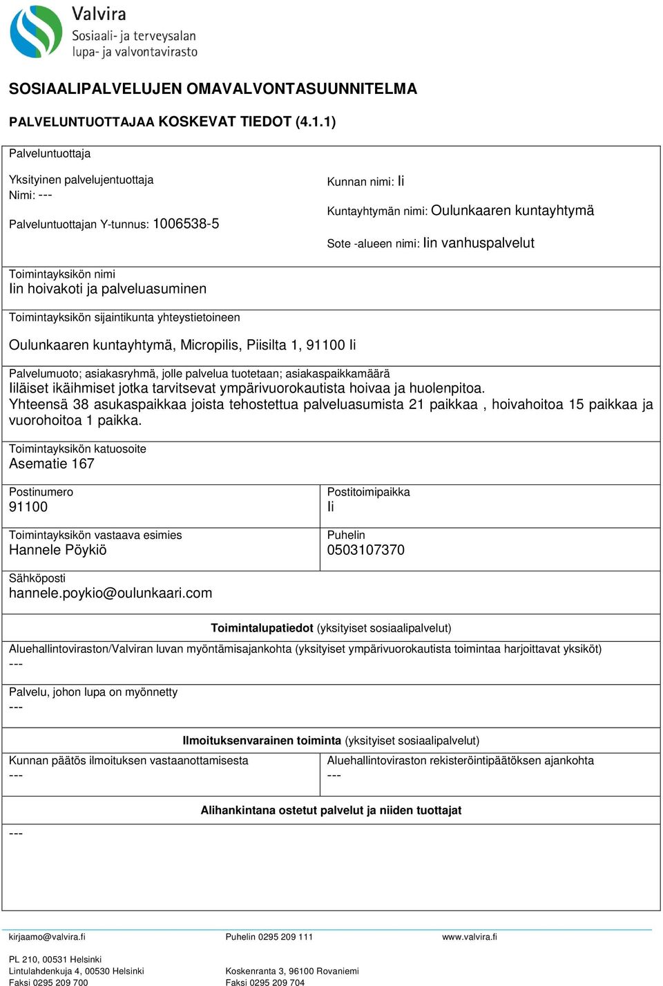 Toimintayksikön nimi Iin hoivakoti ja palveluasuminen Toimintayksikön sijaintikunta yhteystietoineen Oulunkaaren kuntayhtymä, Micropilis, Piisilta 1, 91100 Ii Palvelumuoto; asiakasryhmä, jolle