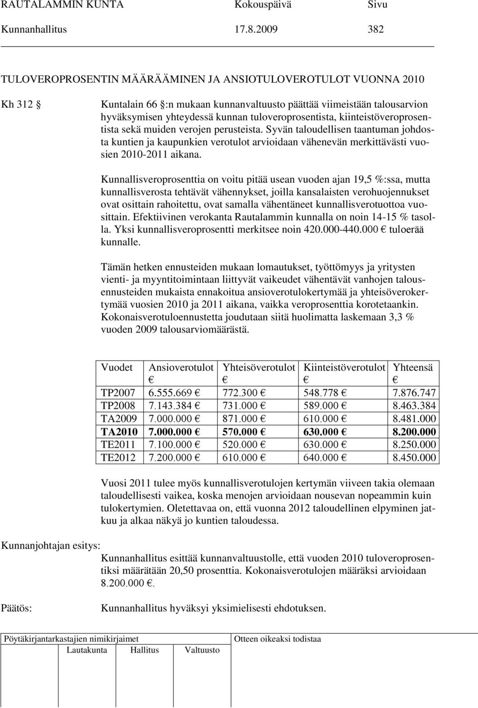 tuloveroprosentista, kiinteistöveroprosentista sekä muiden verojen perusteista.