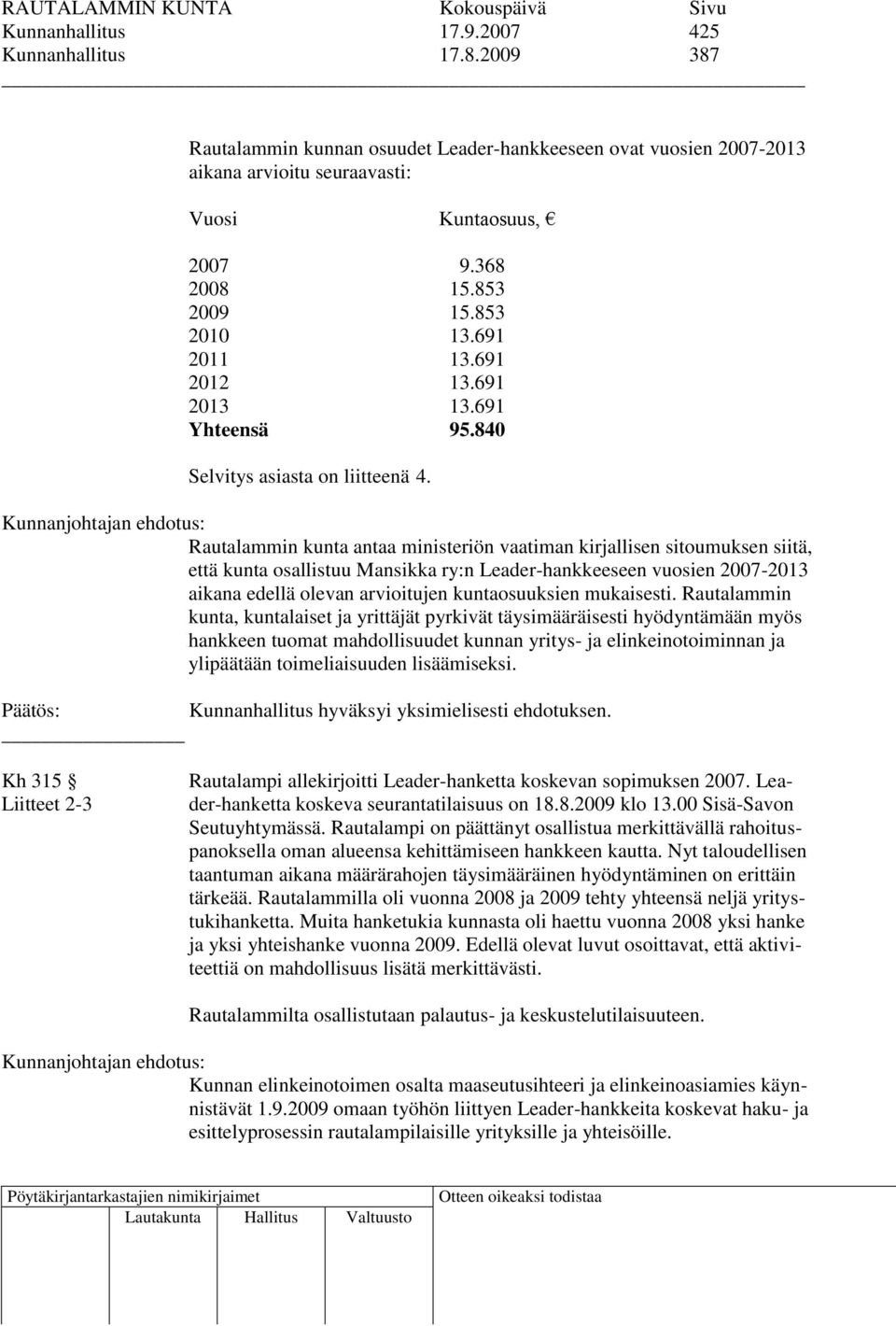 Rautalammin kunta antaa ministeriön vaatiman kirjallisen sitoumuksen siitä, että kunta osallistuu Mansikka ry:n Leader-hankkeeseen vuosien 2007-2013 aikana edellä olevan arvioitujen kuntaosuuksien