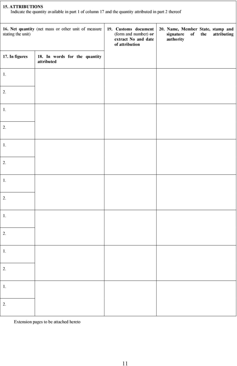 Customs document (form and number) or extract No and date of attribution 20.