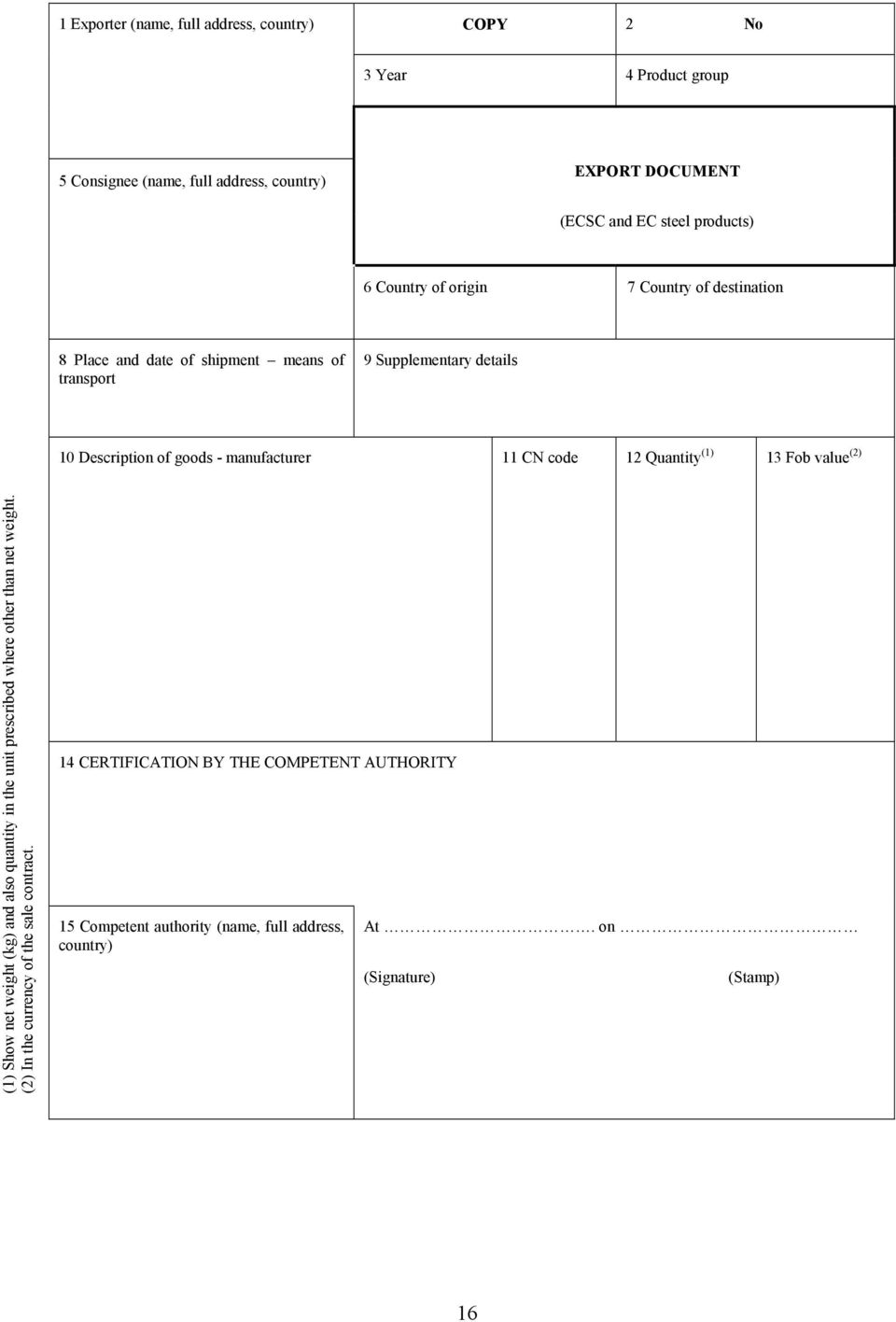 manufacturer 11 CN code 12 Quantity (1) 13 Fob value (2) (1) Show net weight (kg) and also quantity in the unit prescribed where other than net weight.