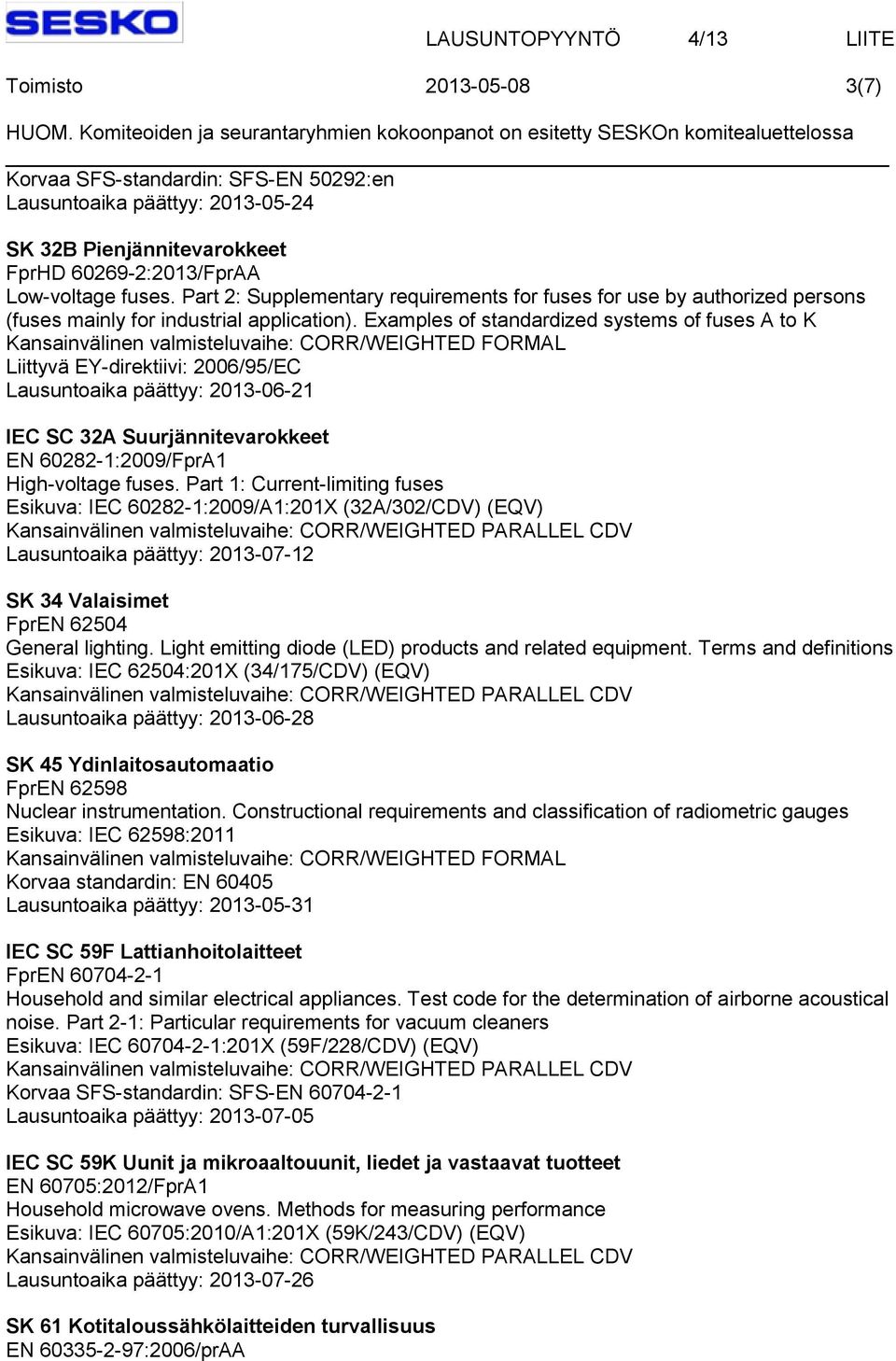 Examples of standardized systems of fuses A to K Kansainvälinen valmisteluvaihe: CORR/WEIGHTED FORMAL Liittyvä EY-direktiivi: 2006/95/EC Lausuntoaika päättyy: 2013-06-21 IEC SC 32A