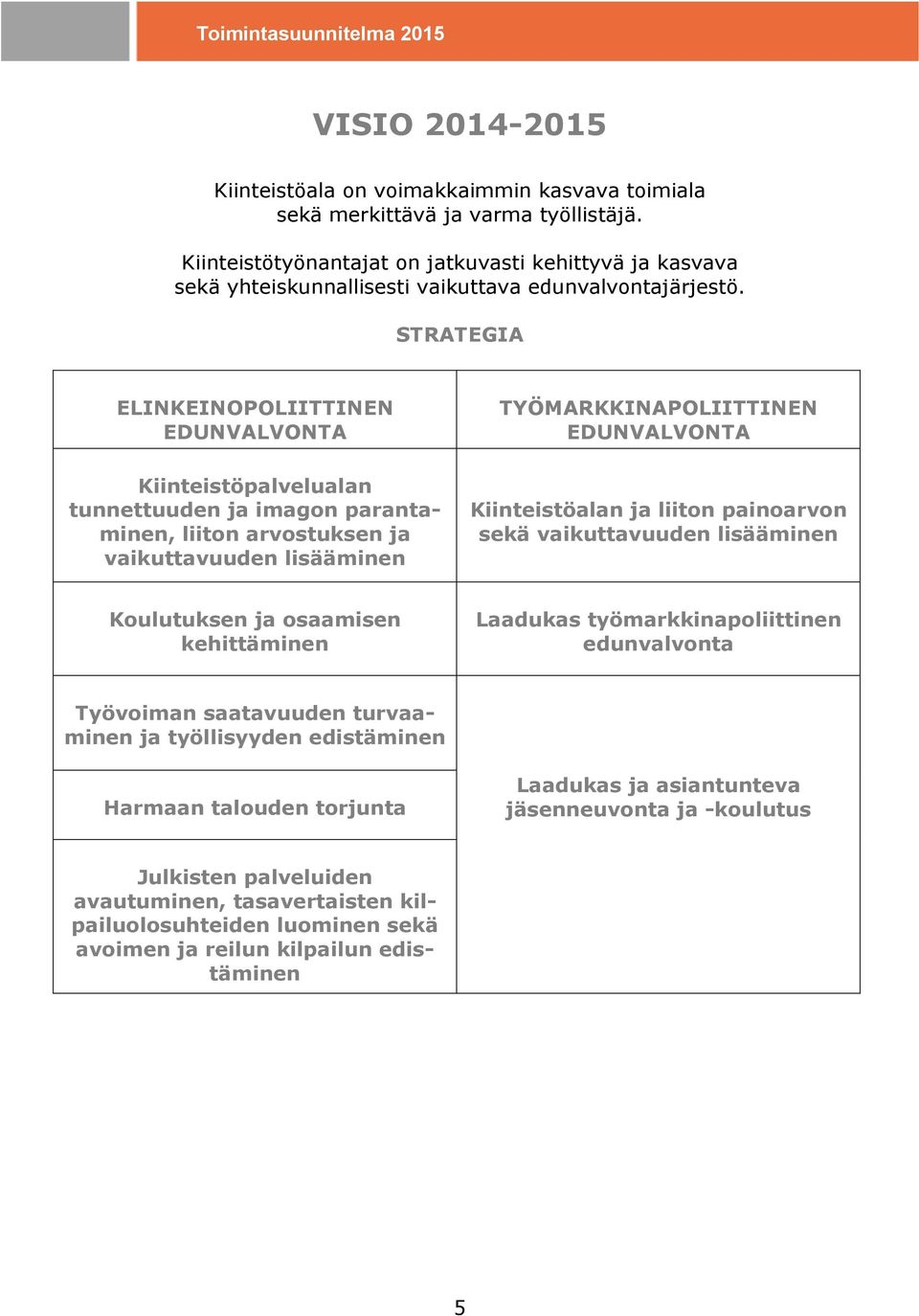 STRATEGIA ELINKEINOPOLIITTINEN EDUNVALVONTA Kiinteistöpalvelualan tunnettuuden ja imagon parantaminen, liiton arvostuksen ja vaikuttavuuden lisääminen TYÖMARKKINAPOLIITTINEN EDUNVALVONTA