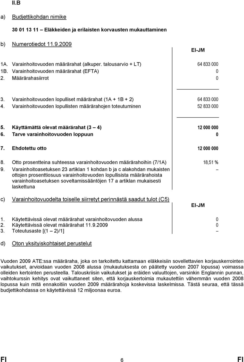 Käyttämättä olevat määrärahat (3 4) 12 000 000 6. Tarve varainhoitovuoden loppuun 0 7. Ehdotettu otto 12 000 000 8. Otto prosentteina suhteessa varainhoitovuoden määrärahoihin (7/1A) 18,51 % 9.