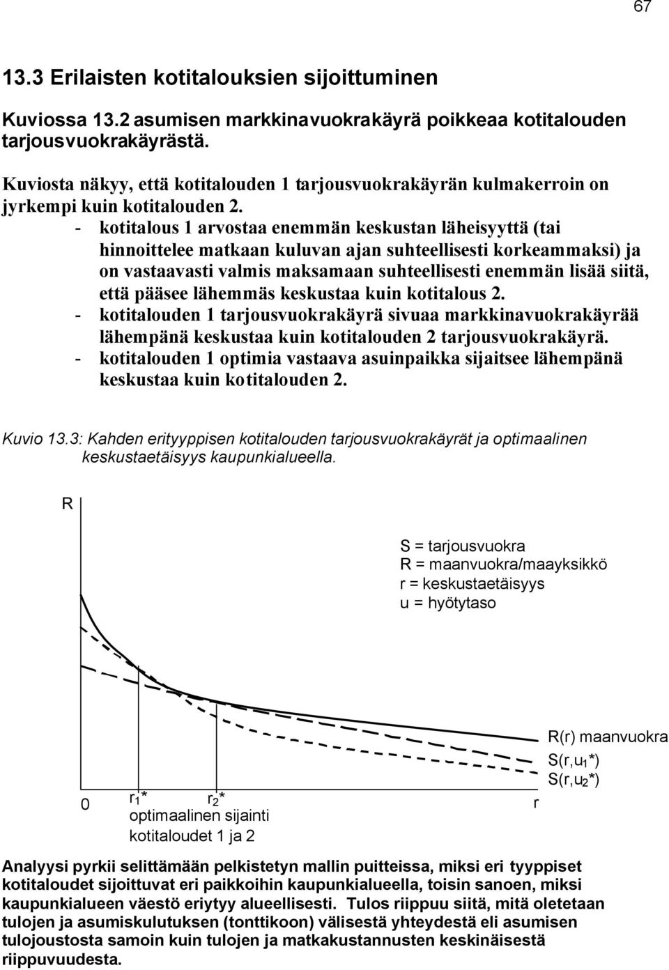 - kotitalous 1 arvostaa enemmän keskustan läheisyyttä (tai hinnoittelee matkaan kuluvan ajan suhteellisesti korkeammaksi) ja on vastaavasti valmis maksamaan suhteellisesti enemmän lisää siitä, että