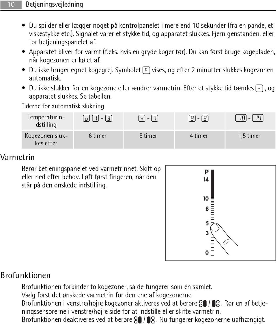 Symbolet vises, og efter 2 minutter slukkes kogezonen automatisk. Du ikke slukker for en kogezone eller ændrer varmetrin. Efter et stykke tid tændes, og apparatet slukkes. Se tabellen.