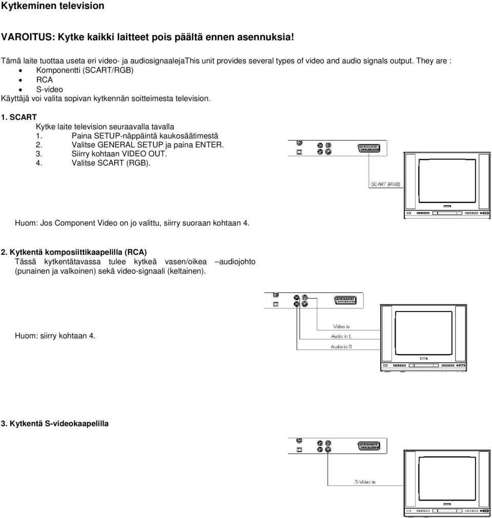 They are : Komponentti (SCART/RGB) RCA S-video Käyttäjä voi valita sopivan kytkennän soitteimesta television. 1. SCART Kytke laite television seuraavalla tavalla 1.