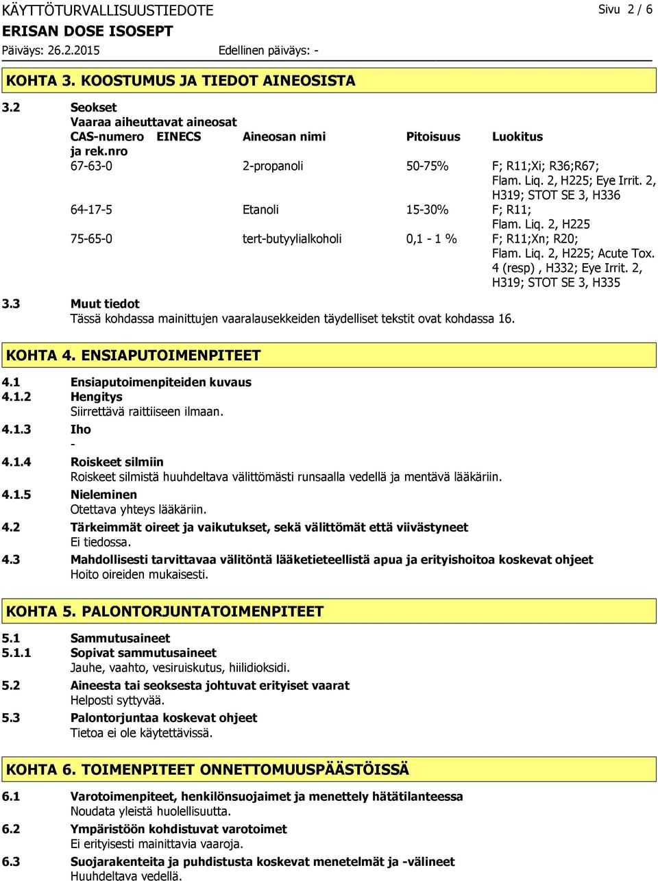 Liq. 2, H225; Acute Tox. 4 (resp), H332; Eye Irrit. 2, H319; STOT SE 3, H335 3.3 Muut tiedot Tässä kohdassa mainittujen vaaralausekkeiden täydelliset tekstit ovat kohdassa 16. KOHTA 4.