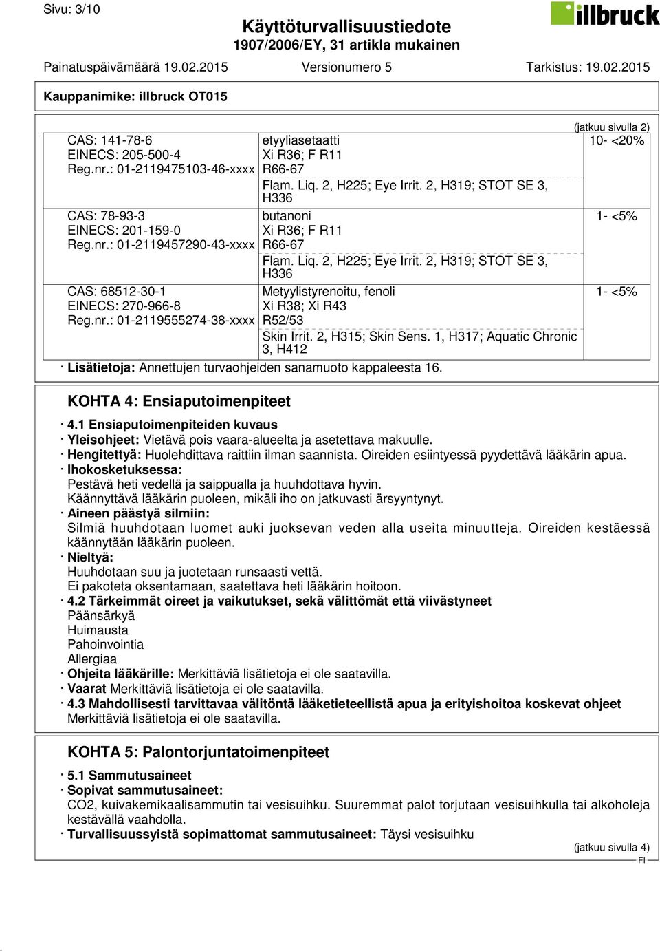 2, H315; Skin Sens. 1, H317; Aquatic Chronic 3, H412 Lisätietoja: Annettujen turvaohjeiden sanamuoto kappaleesta 16. KOHTA 4: Ensiaputoimenpiteet (jatkuu sivulla 2) 10- <20% 1- <5% 1- <5% 4.