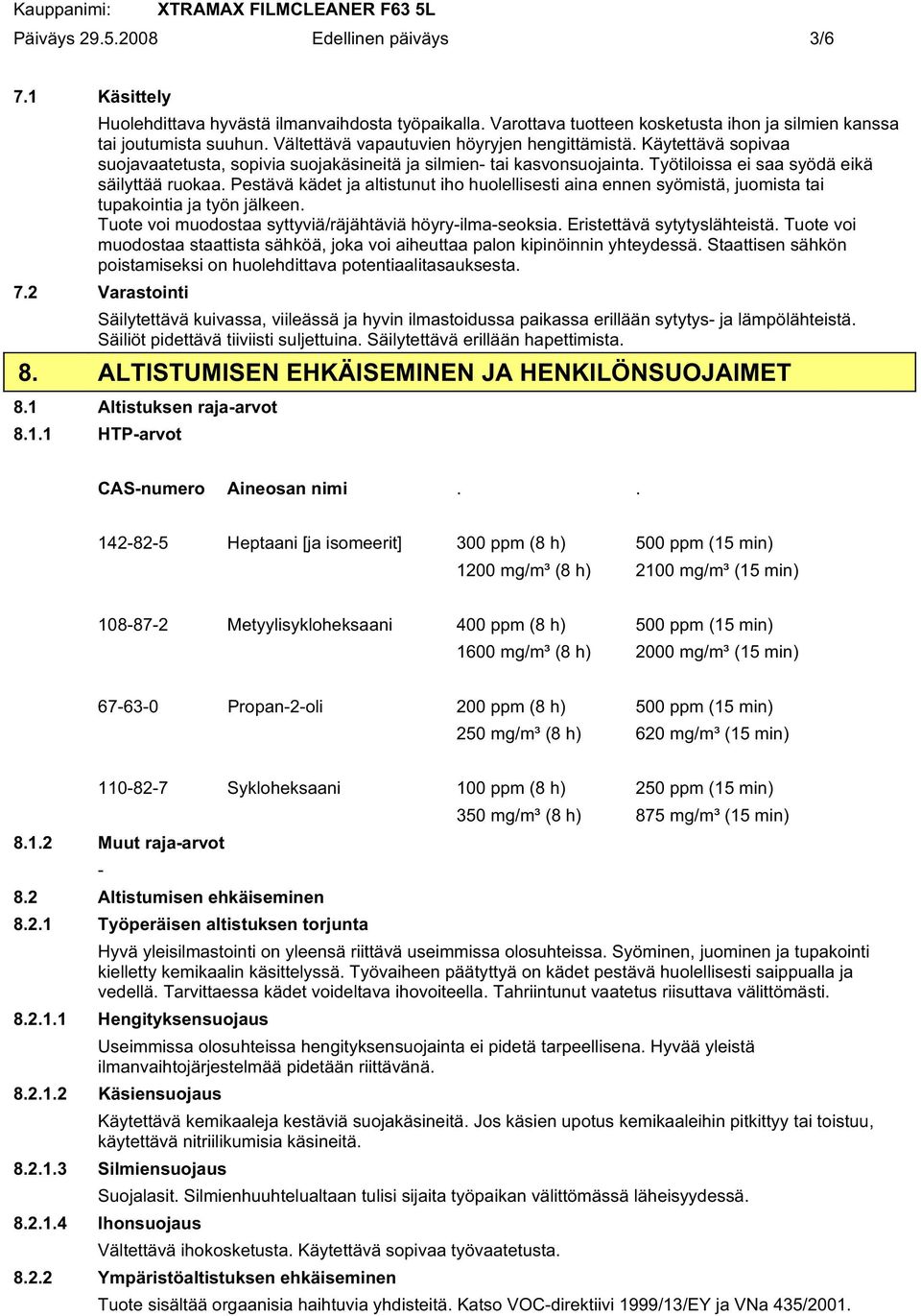 Pestävä kädet ja altistunut iho huolellisesti aina ennen syömistä, juomista tai tupakointia ja työn jälkeen. Tuote voi muodostaa syttyviä/räjähtäviä höyryilmaseoksia. Eristettävä sytytyslähteistä.