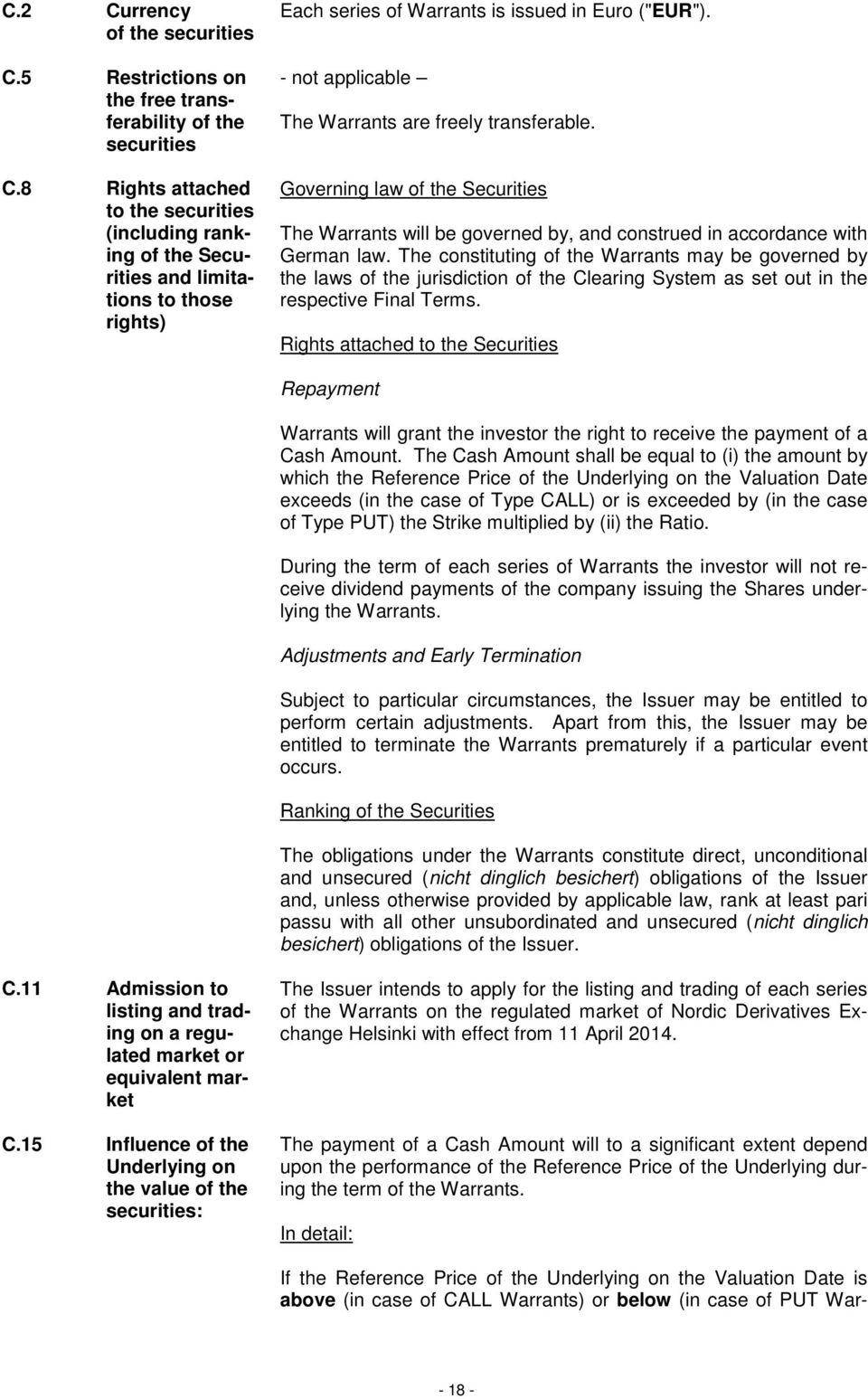 - not applicable The Warrants are freely transferable. Governing law of the Securities The Warrants will be governed by, and construed in accordance with German law.