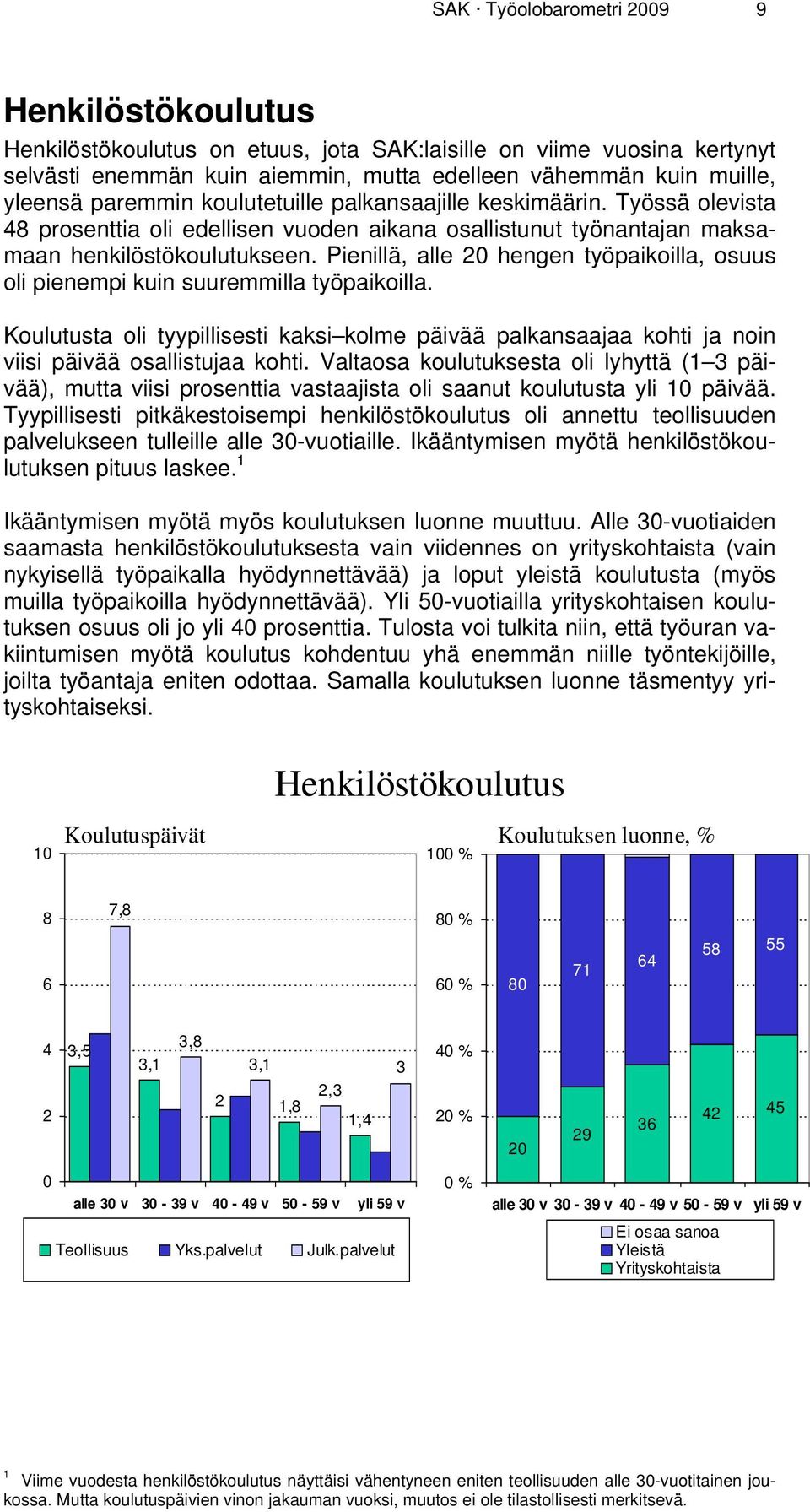 Pienillä, alle 20 hengen työpaikoilla, osuus oli pienempi kuin suuremmilla työpaikoilla. Koulutusta oli tyypillisesti kaksi kolme päivää palkansaajaa kohti ja noin viisi päivää osallistujaa kohti.