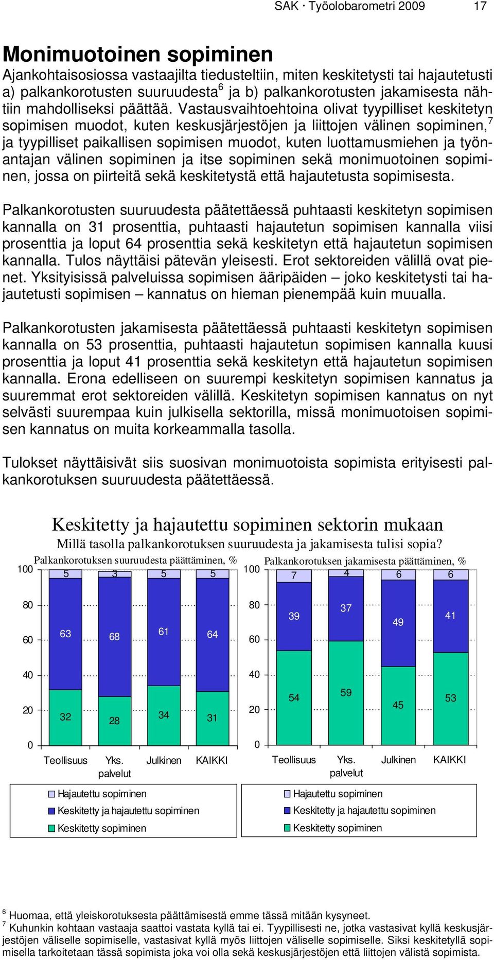 Vastausvaihtoehtoina olivat tyypilliset keskitetyn sopimisen muodot, kuten keskusjärjestöjen ja liittojen välinen sopiminen, 7 ja tyypilliset paikallisen sopimisen muodot, kuten luottamusmiehen ja