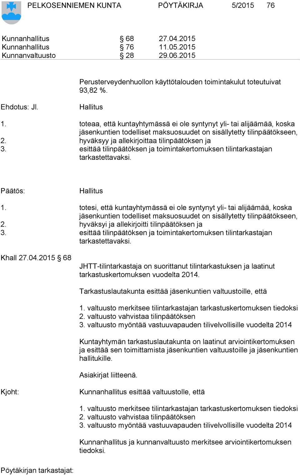 toteaa, että kuntayhtymässä ei ole syntynyt yli- tai alijäämää, koska jäsenkuntien todelliset maksuosuudet on sisällytetty tilinpäätökseen, 2. hyväksyy ja allekirjoittaa tilinpäätöksen ja 3.