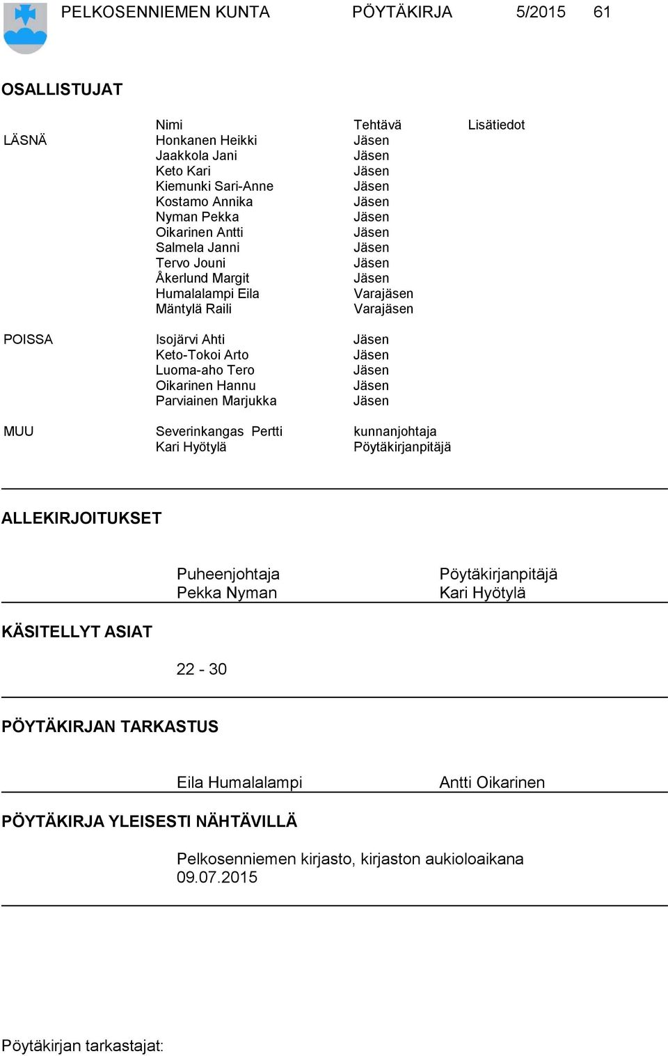 Arto Jäsen Luoma-aho Tero Jäsen Oikarinen Hannu Jäsen Parviainen Marjukka Jäsen MUU Severinkangas Pertti kunnanjohtaja Kari Hyötylä Pöytäkirjanpitäjä ALLEKIRJOITUKSET Puheenjohtaja Pekka Nyman