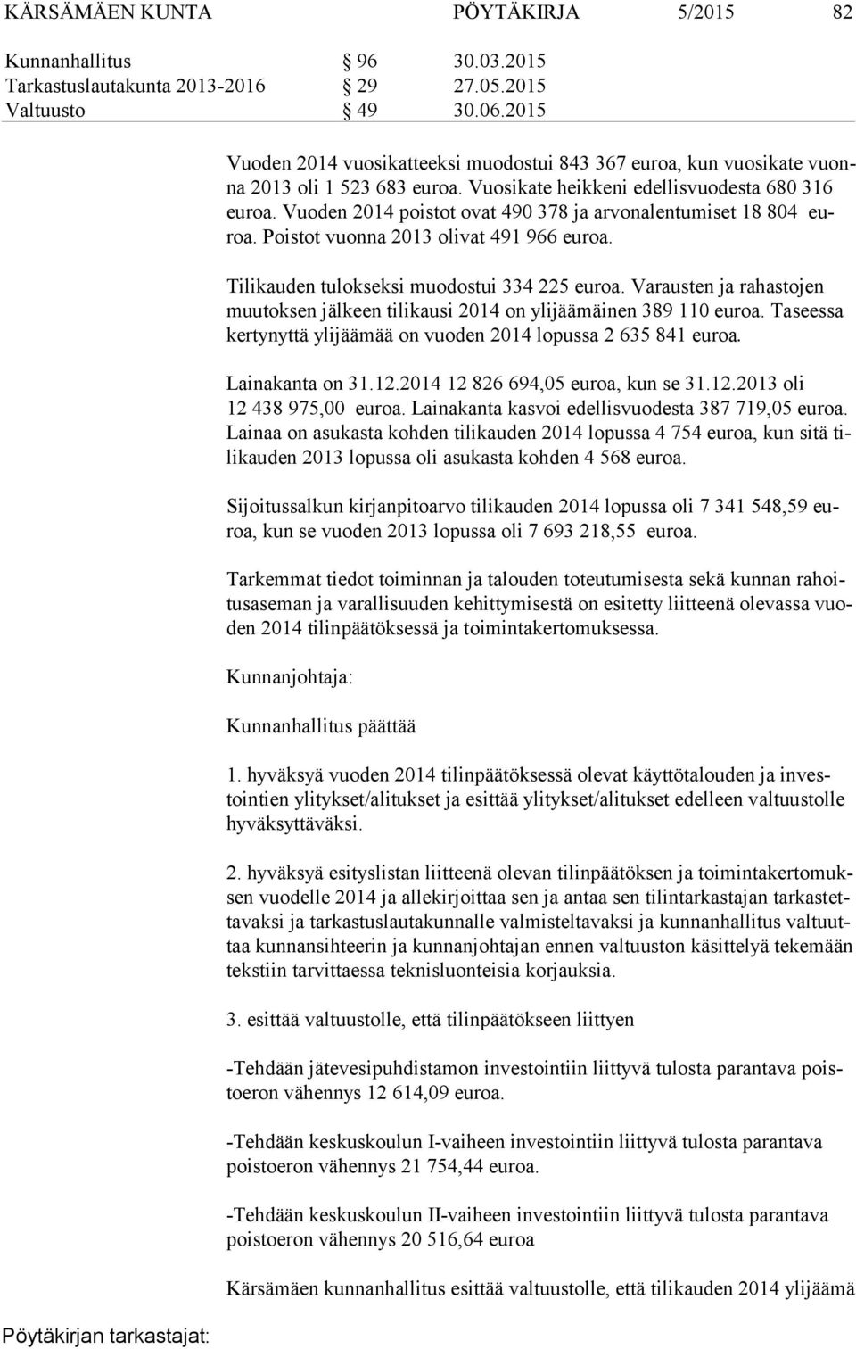 Vuoden 2014 poistot ovat 490 378 ja arvonalentumiset 18 804 euroa. Poistot vuonna 2013 olivat 491 966 euroa. Tilikauden tulokseksi muodostui 334 225 euroa.