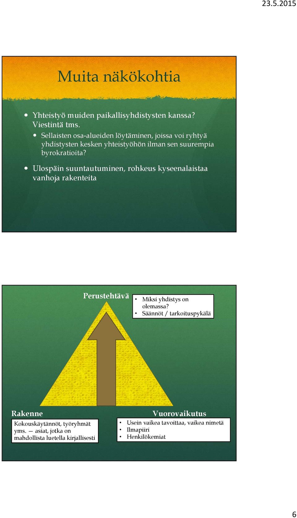 Ulospäin suuntautuminen, rohkeus kyseenalaistaa vanhoja rakenteita Perustehtävä Miksi yhdistys on olemassa?