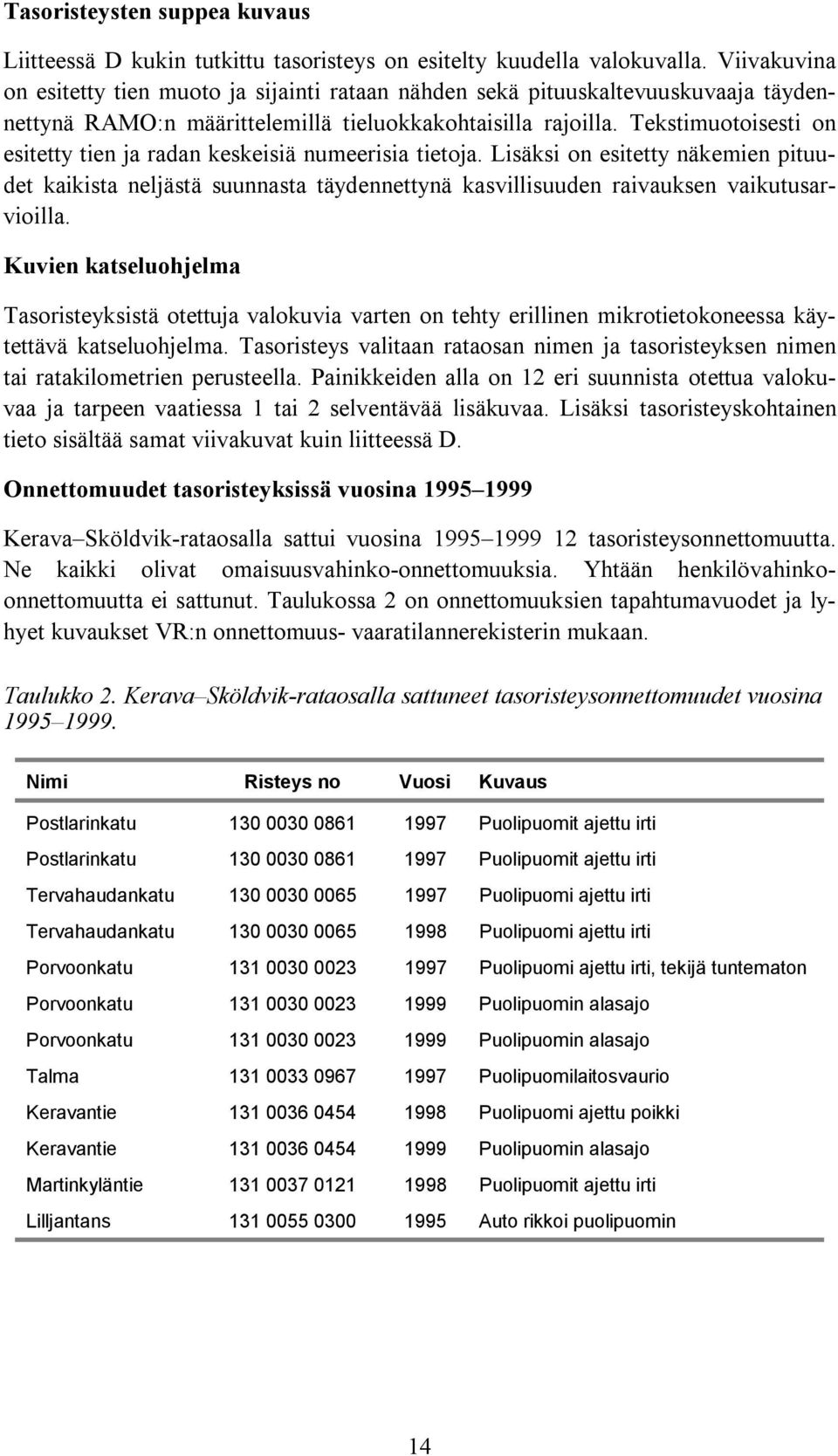 Tekstimuotoisesti on esitetty tien ja radan keskeisiä numeerisia tietoja. Lisäksi on esitetty näkemien pituudet kaikista neljästä suunnasta täydennettynä kasvillisuuden raivauksen vaikutusarvioilla.