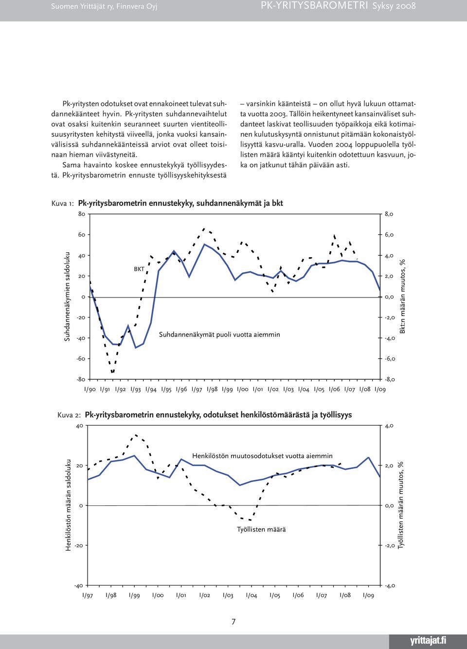 hieman viivästyneitä. Sama havainto koskee ennustekykyä työllisyydestä. Pk-yritysbarometrin ennuste työllisyyskehityksestä 1.suhdennuste varsinkin käänteistä on ollut hyvä lukuun ottamatta vuotta 00.