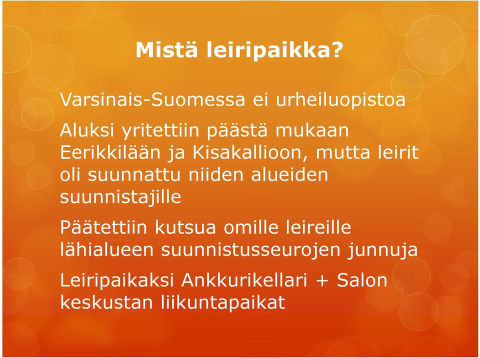 Eerikkilään ja Kisakallioon, mutta leirit oli suunnattu niiden alueiden