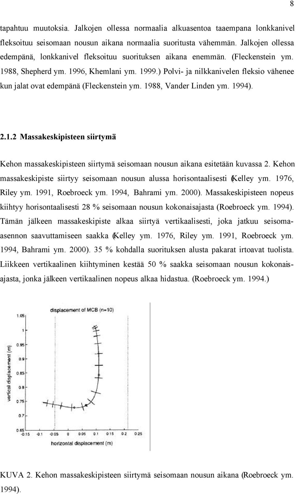 ) Polvi- ja nilkkanivelen fleksio vähenee kun jalat ovat edempänä (Fleckenstein ym. 1988, Vander Linden ym. 1994). 2.1.2 Massakeskipisteen siirtymä Kehon massakeskipisteen siirtymä seisomaan nousun aikana esitetään kuvassa 2.