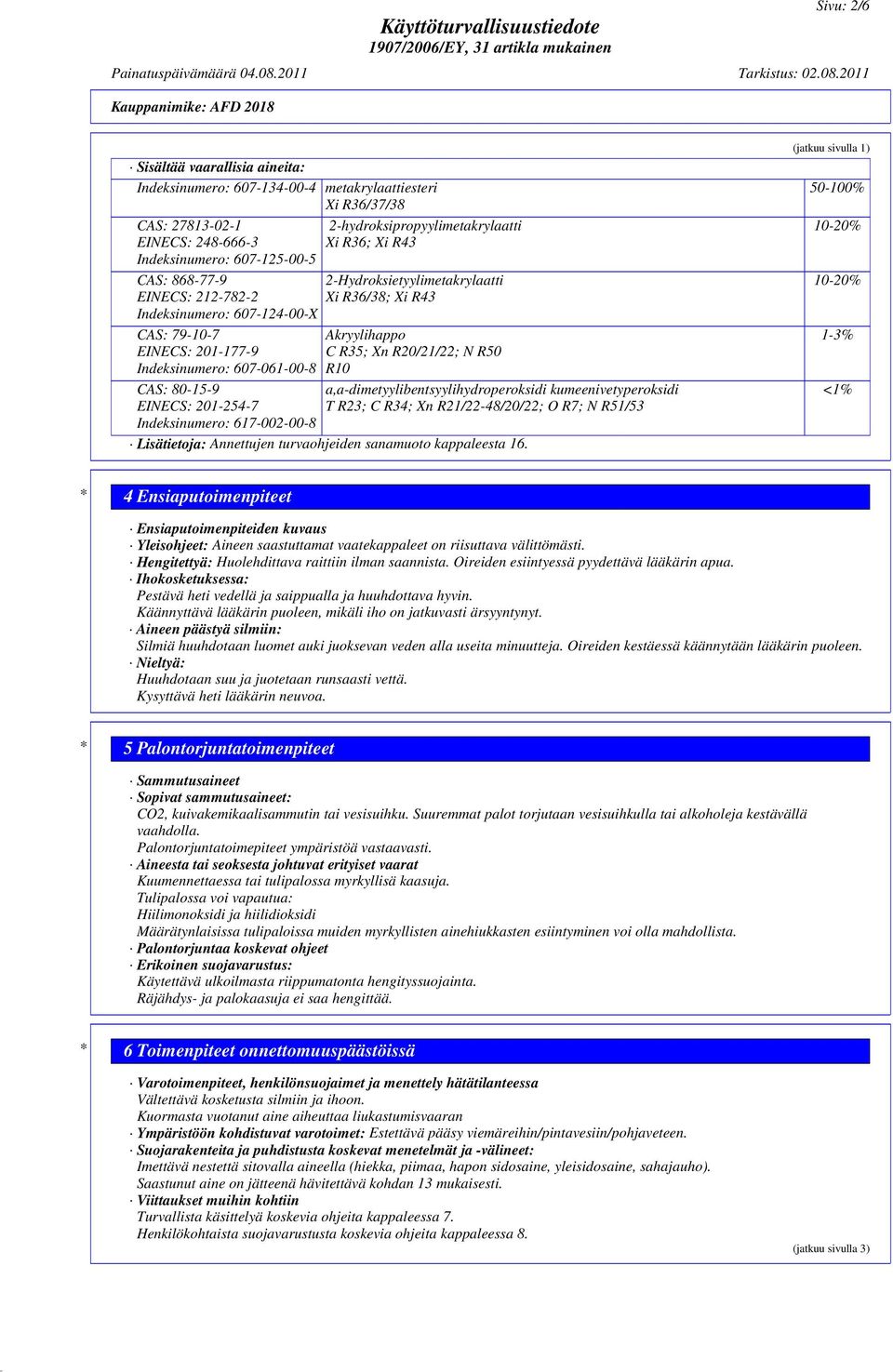 2-Hydroksietyylimetakrylaatti Xi R36/38; Xi R43 Akryylihappo C R35; Xn R20/21/22; N R50 R10 a,a-dimetyylibentsyylihydroperoksidi kumeenivetyperoksidi T R23; C R34; Xn R21/22-48/20/22; O R7; N R51/53