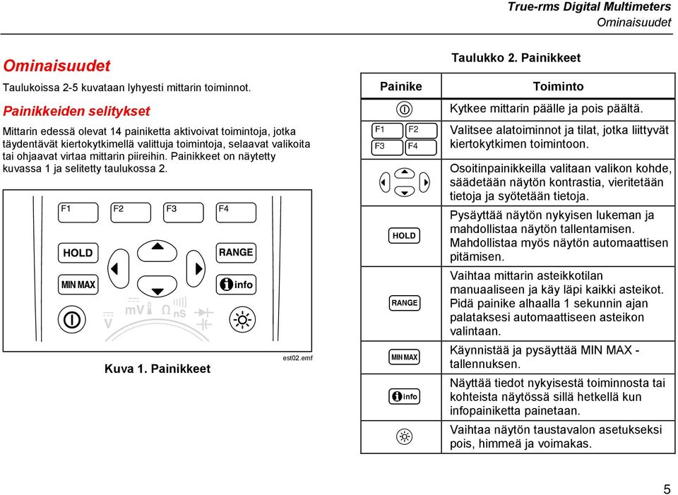 Painikkeet on näytetty kuvassa 1 ja selitetty taulukossa 2. Kuva 1. Painikkeet est02.emf Painike O 12 34 H R M I G Taulukko 2. Painikkeet Toiminto Kytkee mittarin päälle ja pois päältä.