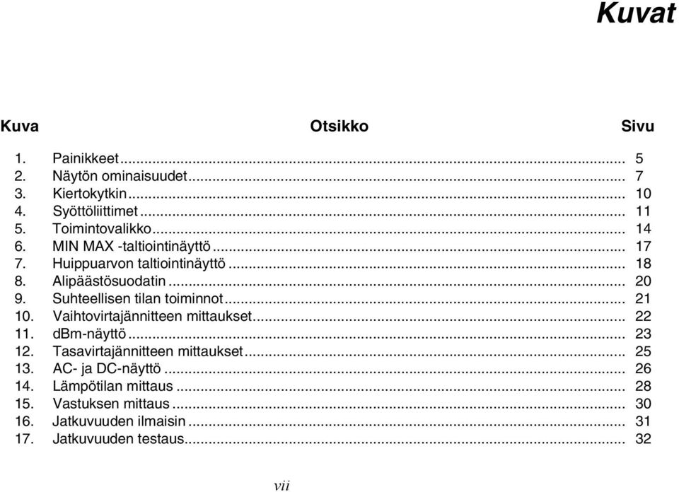 Suhteellisen tilan toiminnot... 21 10. Vaihtovirtajännitteen mittaukset... 22 11. dbm-näyttö... 23 12. Tasavirtajännitteen mittaukset.