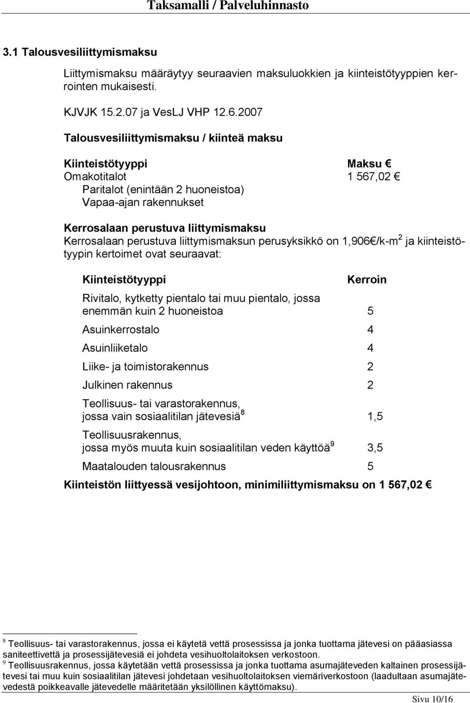 perustuva liittymismaksun perusyksikkö on 1,906 /k-m 2 ja kiinteistötyypin kertoimet ovat seuraavat: Kiinteistötyyppi Kerroin Rivitalo, kytketty pientalo tai muu pientalo, jossa enemmän kuin 2