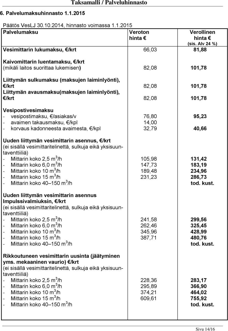 Vesipostivesimaksu - vesipostimaksu, /asiakas/v - avaimen takausmaksu, /kpl - korvaus kadonneesta avaimesta, /kpl Uuden liittymän vesimittarin asennus, /krt (ei sisällä vesimittaritelinettä, sulkuja