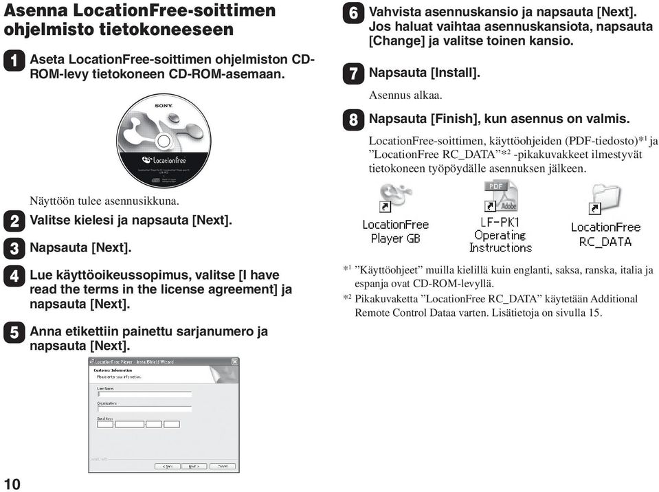 LocationFree-soittimen, käyttöohjeiden (PDF-tiedosto)* 1 ja LocationFree RC_DATA * 2 -pikakuvakkeet ilmestyvät tietokoneen työpöydälle asennuksen jälkeen. Näyttöön tulee asennusikkuna.