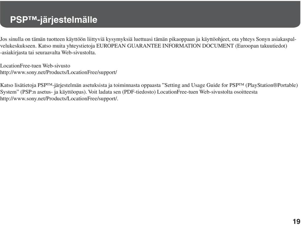 LocationFree-tuen Web-sivusto http://www.sony.
