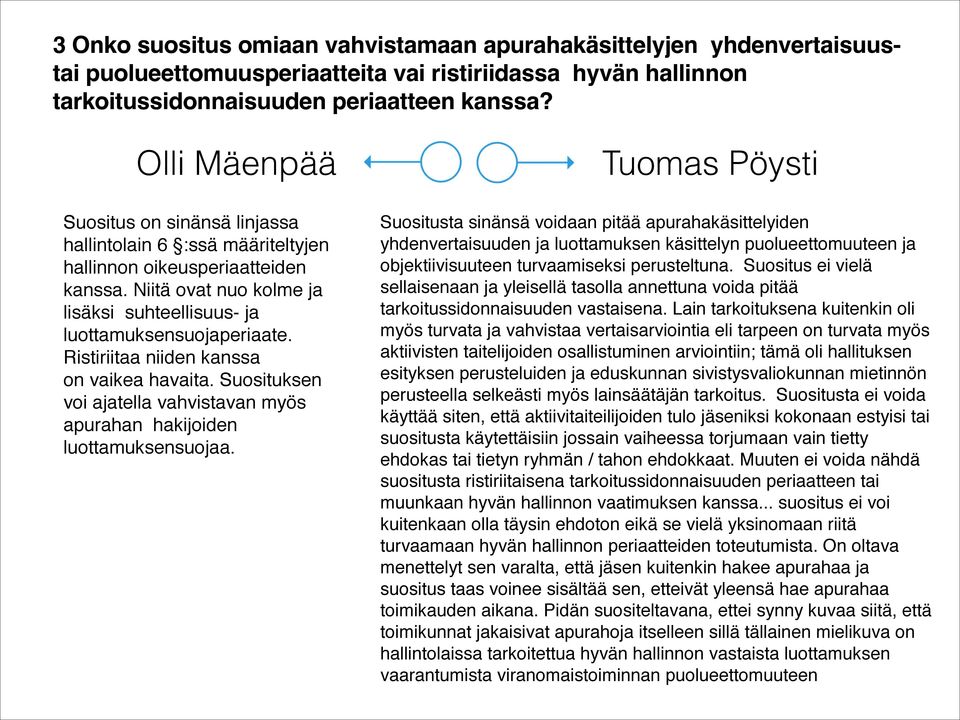 Ristiriitaa niiden kanssa on vaikea havaita. Suosituksen voi ajatella vahvistavan myös apurahan hakijoiden luottamuksensuojaa.