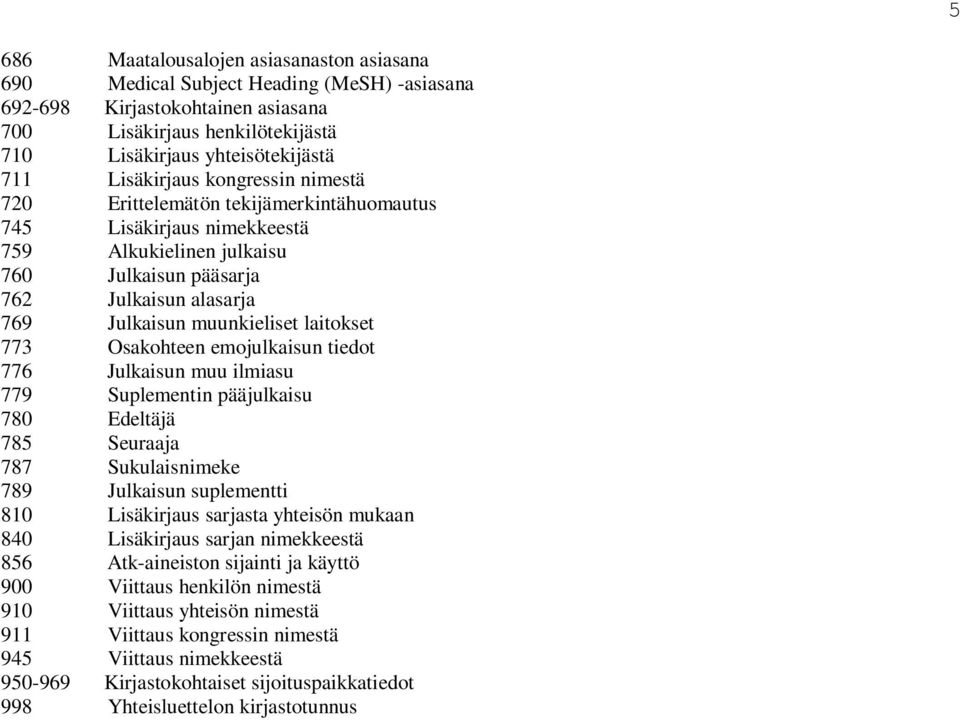 Julkisun muu ilmisu 779 Suplmntin pääjulkisu 780 Eltäjä 785 Surj 787 Sukulisnimk 789 Julkisun suplmntti 810 Lisäkirjus srjst yhtisön mukn 840 Lisäkirjus srjn nimkkstä 856 Atk-iniston