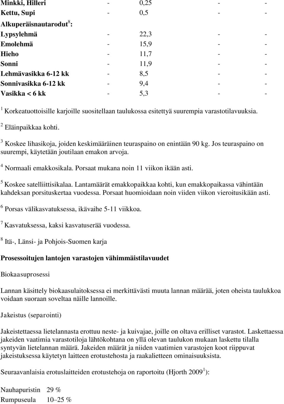 3 Koskee lihasikoja, joiden keskimääräinen teuraspaino on enintään 90 kg. Jos teuraspaino on suurempi, käytetään joutilaan emakon arvoja. 4 Normaali emakkosikala.