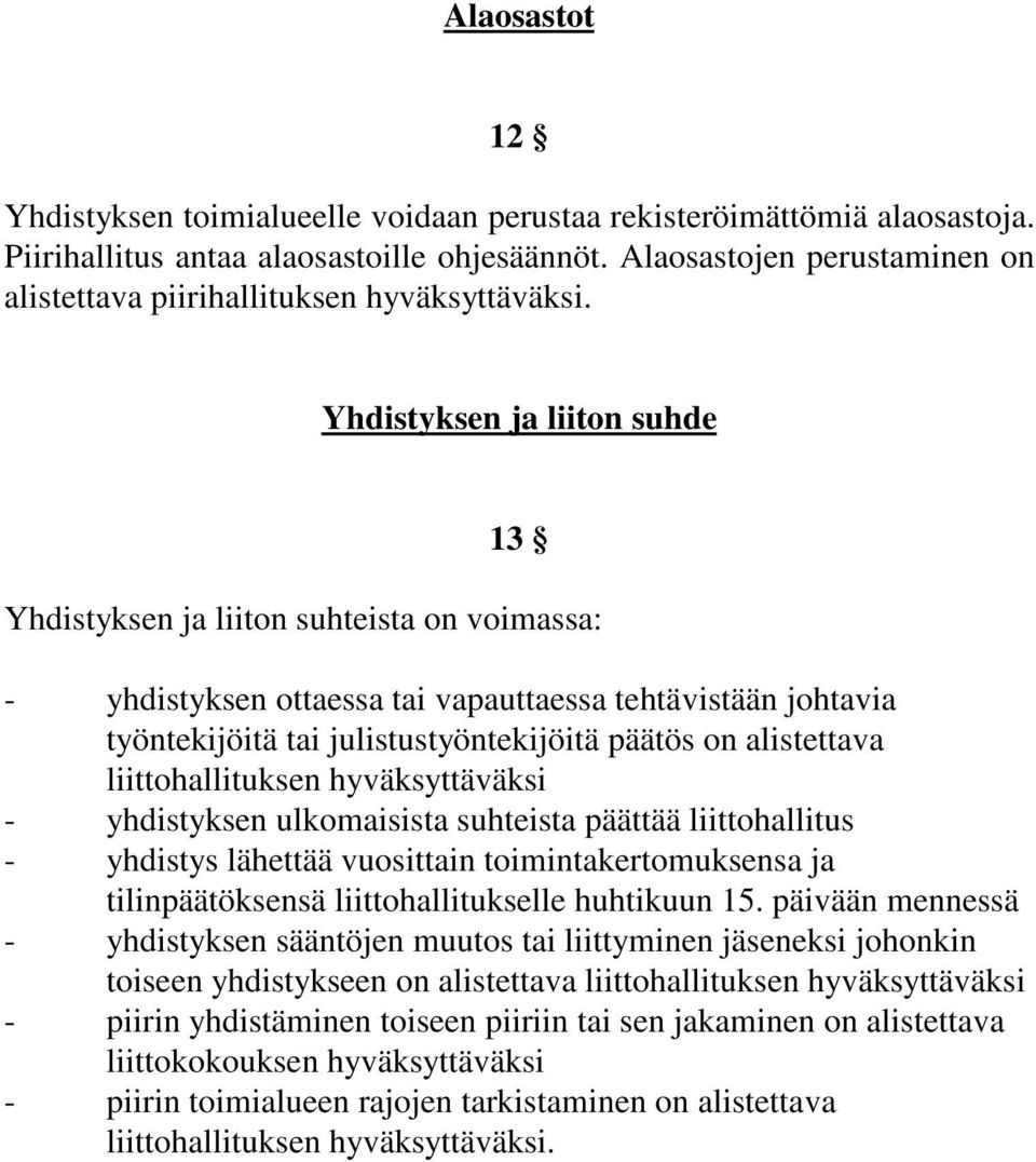 Yhdistyksen ja liiton suhde 13 Yhdistyksen ja liiton suhteista on voimassa: - yhdistyksen ottaessa tai vapauttaessa tehtävistään johtavia työntekijöitä tai julistustyöntekijöitä päätös on alistettava