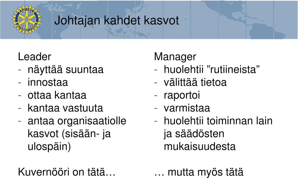 Kuvernööri on tätä Manager - huolehtii rutiineista - välittää tietoa -