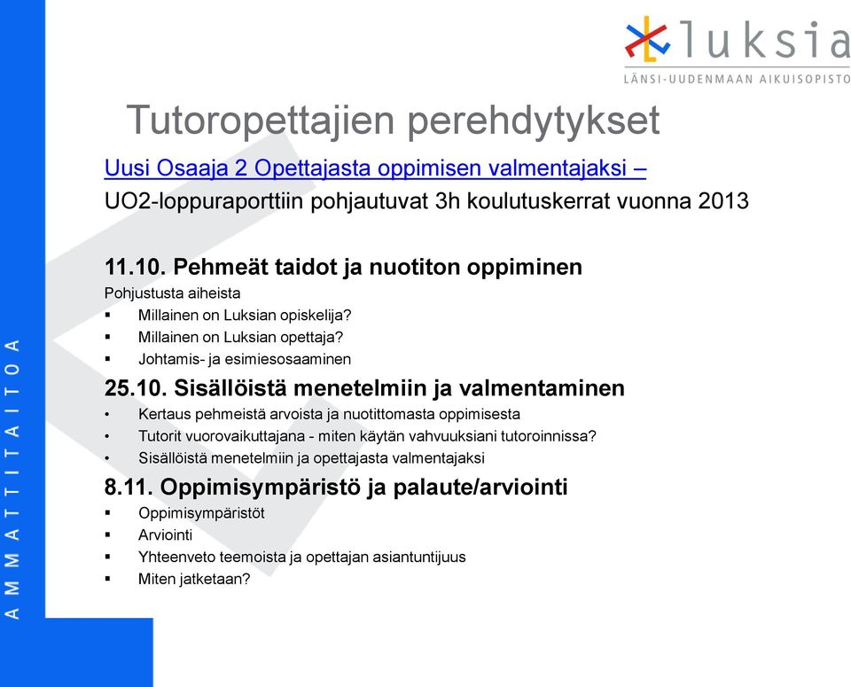 Sisällöistä menetelmiin ja valmentaminen Kertaus pehmeistä arvoista ja nuotittomasta oppimisesta Tutorit vuorovaikuttajana - miten käytän vahvuuksiani tutoroinnissa?