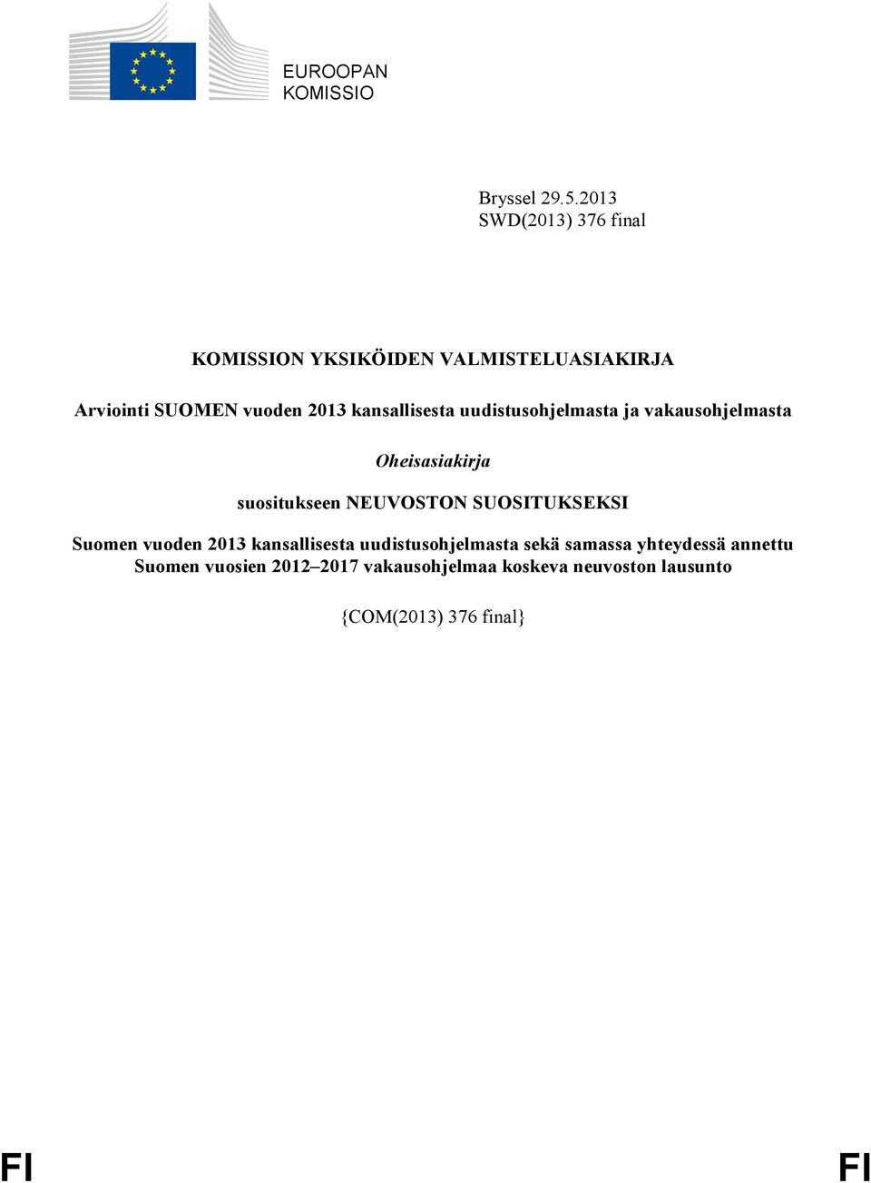 kansallisesta uudistusohjelmasta ja vakausohjelmasta Oheisasiakirja suositukseen NEUVOSTON