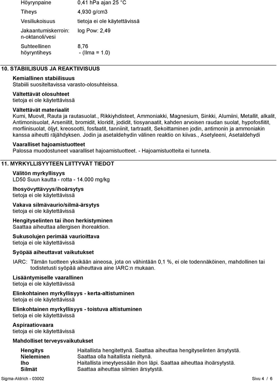 , Rikkiyhdisteet, Ammoniakki, Magnesium, Sinkki, Alumiini, Metallit, alkalit, Antimonisuolat, Arseniitit, bromidit, kloridit, jodidit, tiosyanaatit, kahden arvoisen raudan suolat, hypofosfiitit,