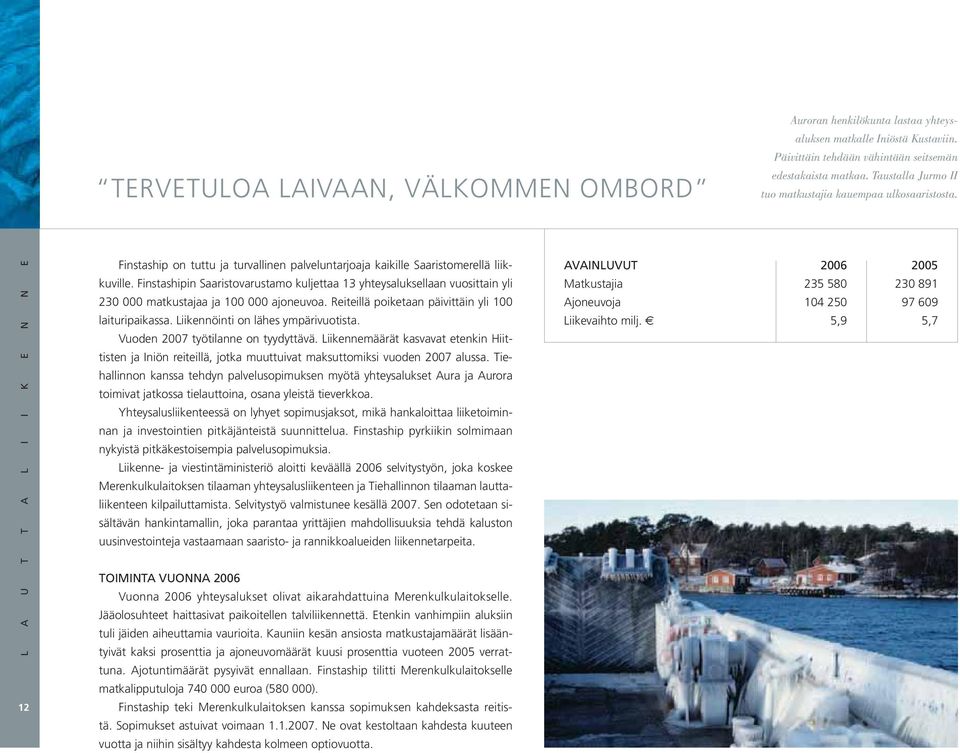 Finstashipin Saaristovarustamo kuljettaa 13 yhteysaluksellaan vuosittain yli 230 000 matkustajaa ja 100 000 ajoneuvoa. Reiteillä poiketaan päivittäin yli 100 laituripaikassa.