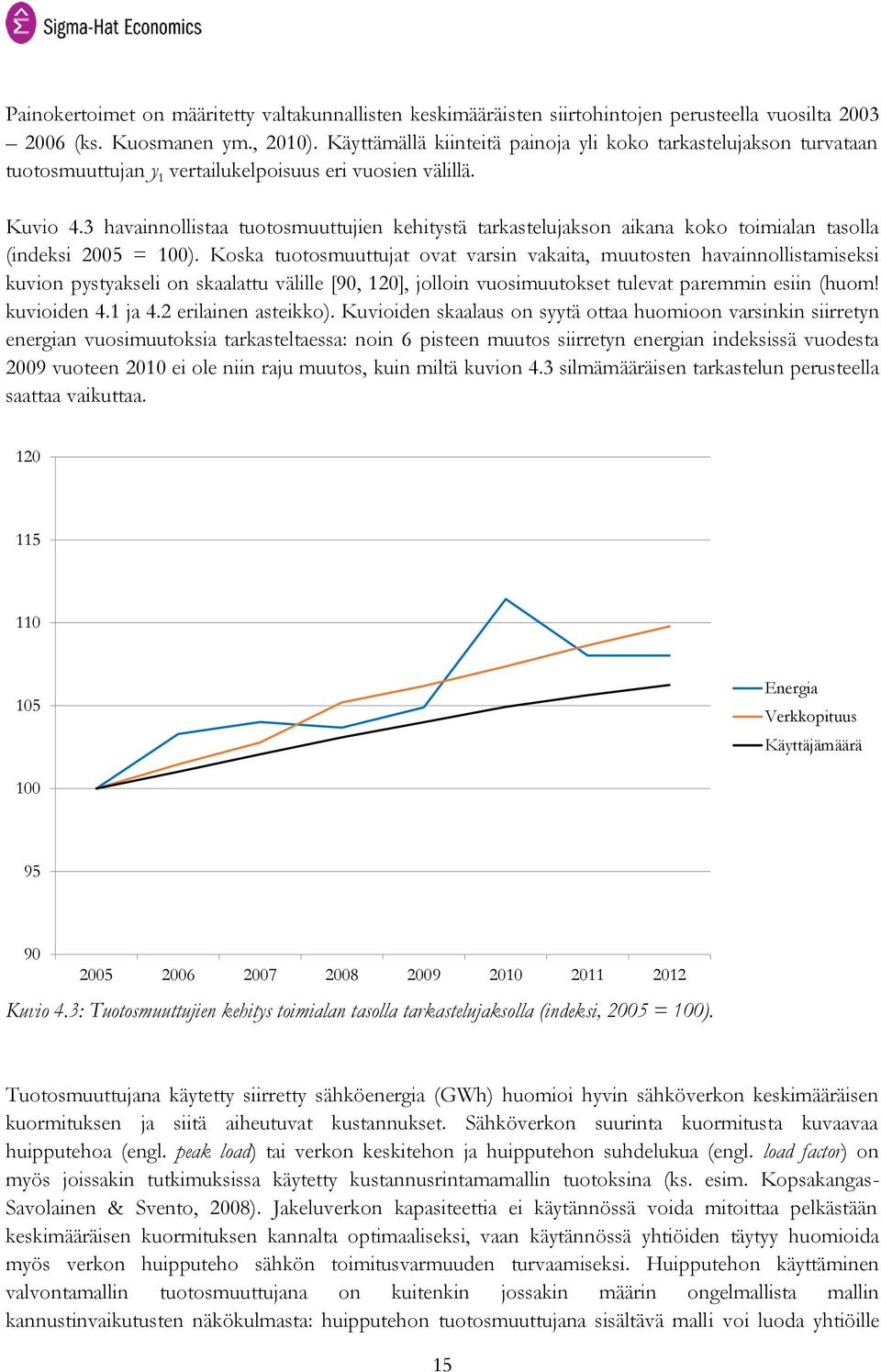 3 havainnollistaa tuotosmuuttujien kehitystä tarkastelujakson aikana koko toimialan tasolla (indeksi 2005 = 100).