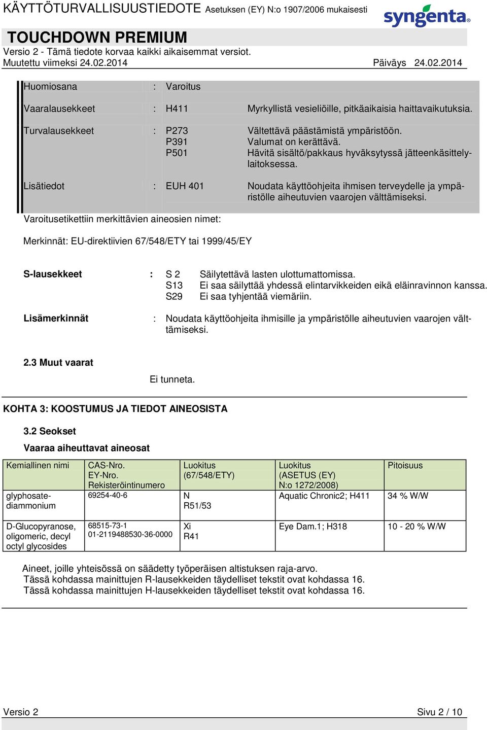 Varoitusetikettiin merkittävien aineosien nimet: Merkinnät: EU-direktiivien 67/548/ETY tai 1999/45/EY S-lausekkeet : S 2 Säilytettävä lasten ulottumattomissa.